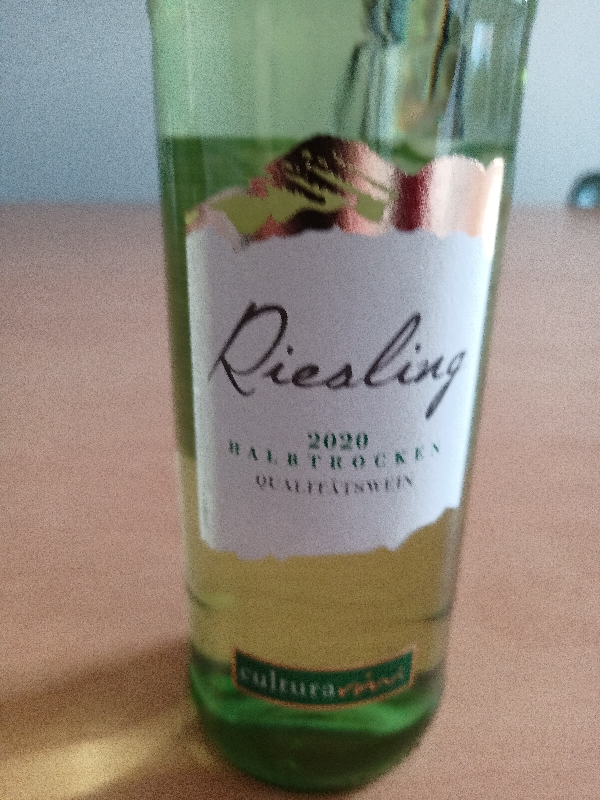 A photograph of a bottle of wine labelled 'Riesling 2020'