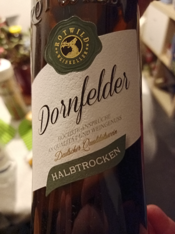 A photograph of a bottle of wine labelled 'Dornfelder'