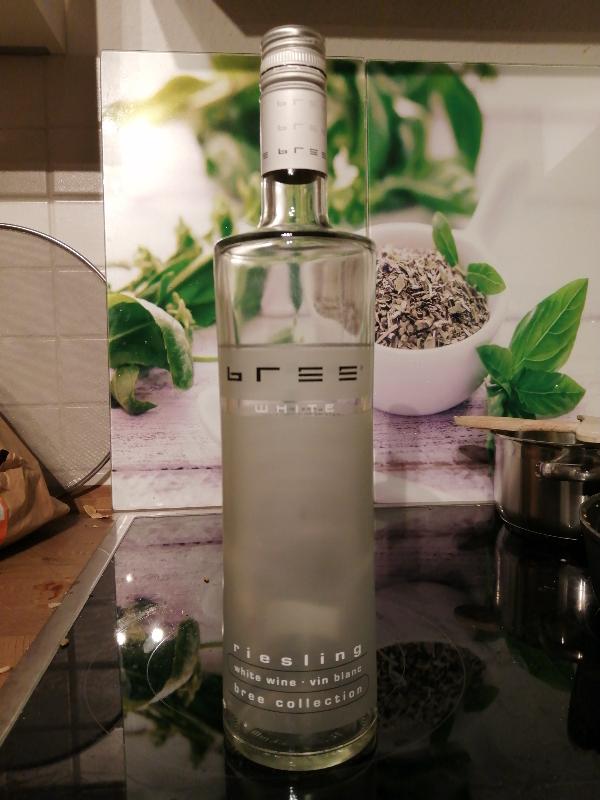 A photograph of a bottle of wine labelled 'Bree white'